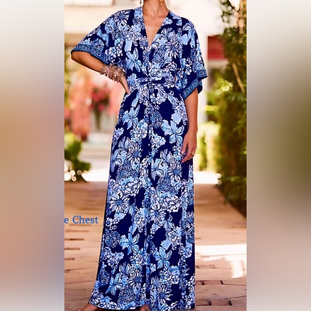 NWT Lilly Pulitzer Wisteria Maxi Dress Low Tide Navy Bouquet All Day